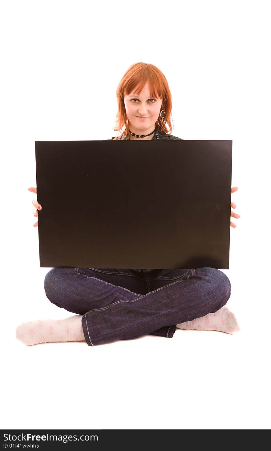 Woman holding black banner on white. Woman holding black banner on white