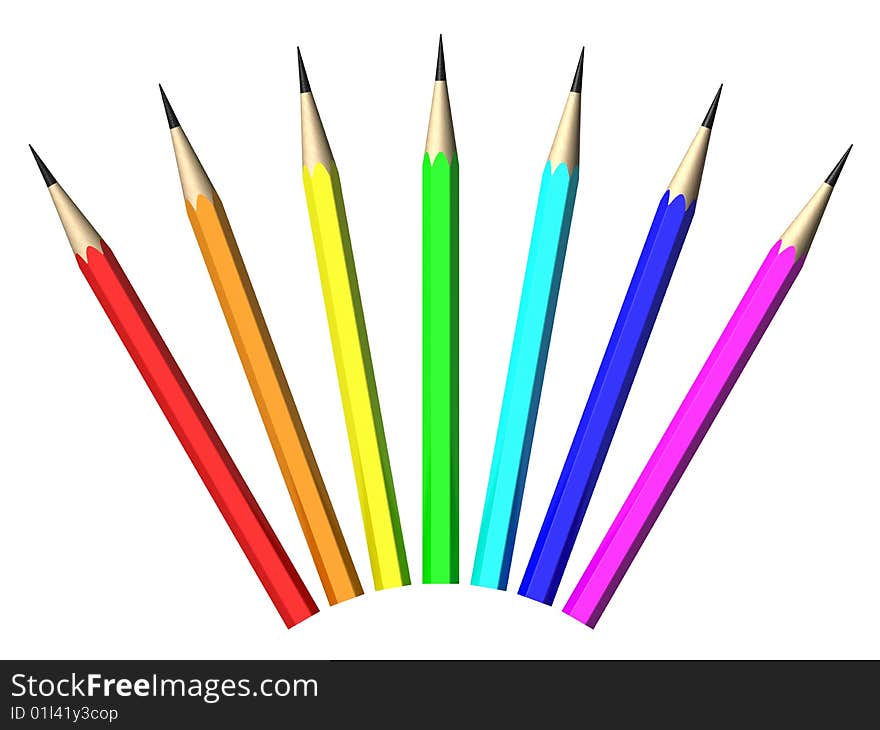 Seven color pencils on isolated background (3D)