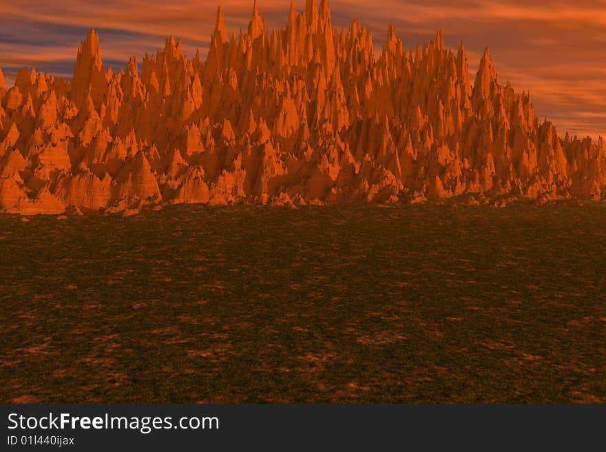 A brilliant mountain and landscape with bright orange sky. A brilliant mountain and landscape with bright orange sky.