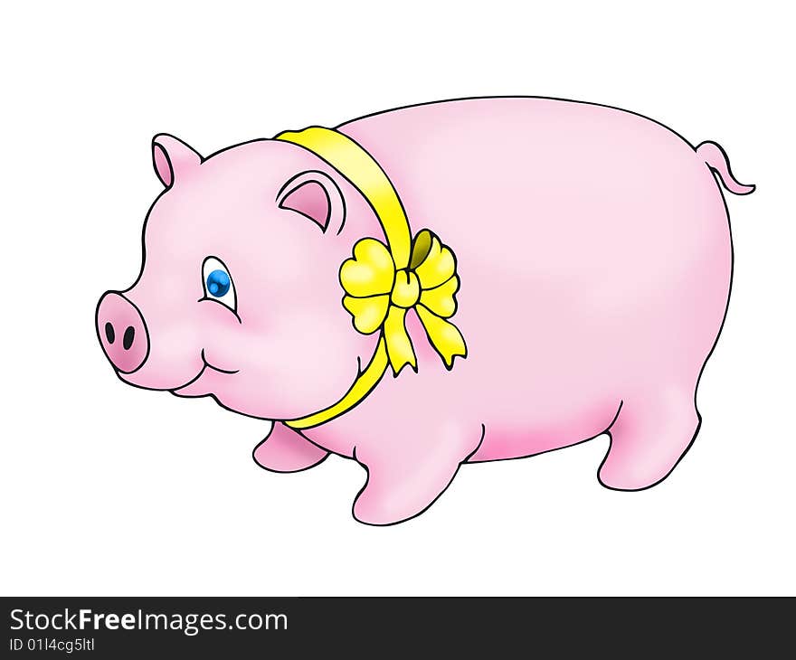 Pig using yellow  ribbon on isolated white background. Pig using yellow  ribbon on isolated white background