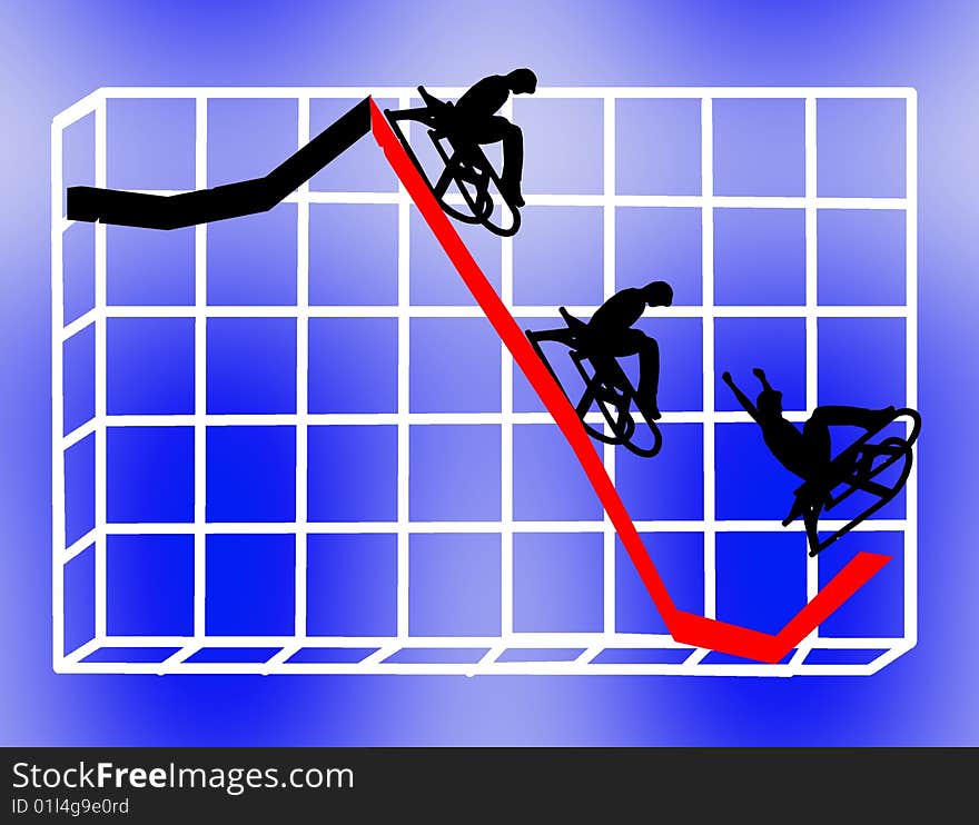 People on sleds riding the economic downturn graph. People on sleds riding the economic downturn graph