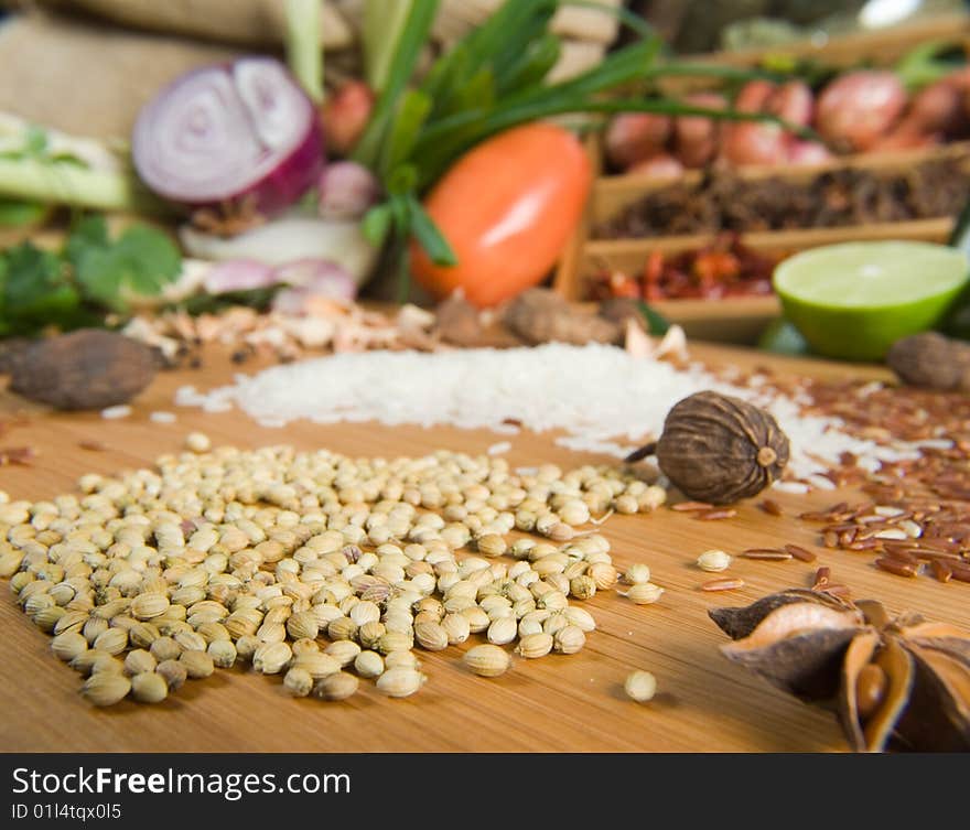 Fresh grains and spices with vegetables