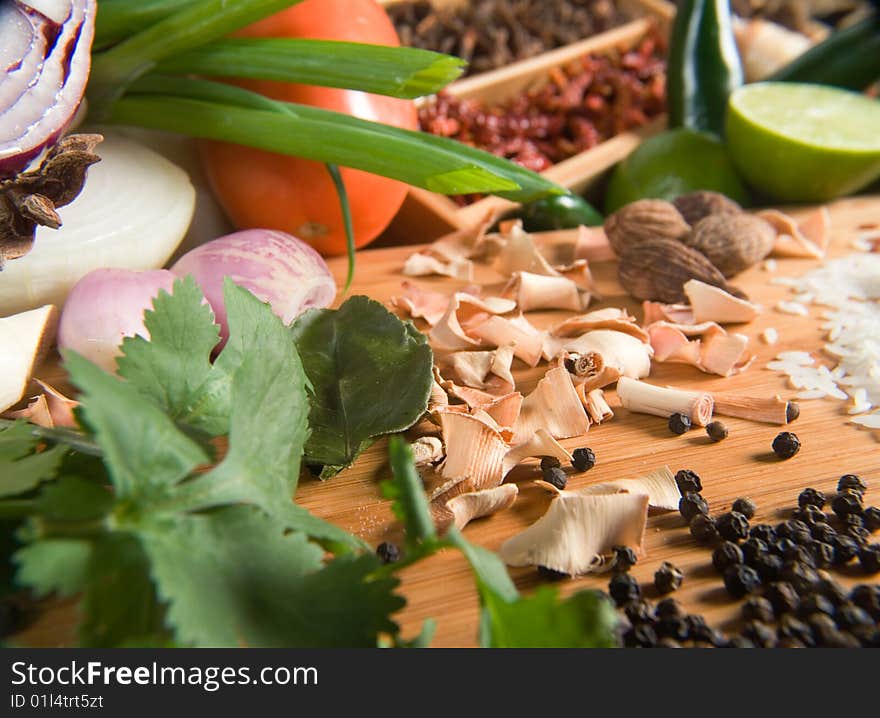 Fresh grains and spices with vegetables