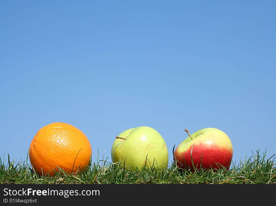 Orange and apples in grass