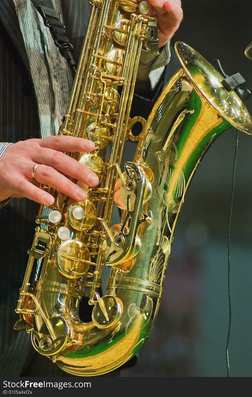 Saxophonist playing in live concert