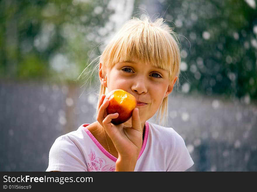 Girl eat peach, summer vocation. Girl eat peach, summer vocation