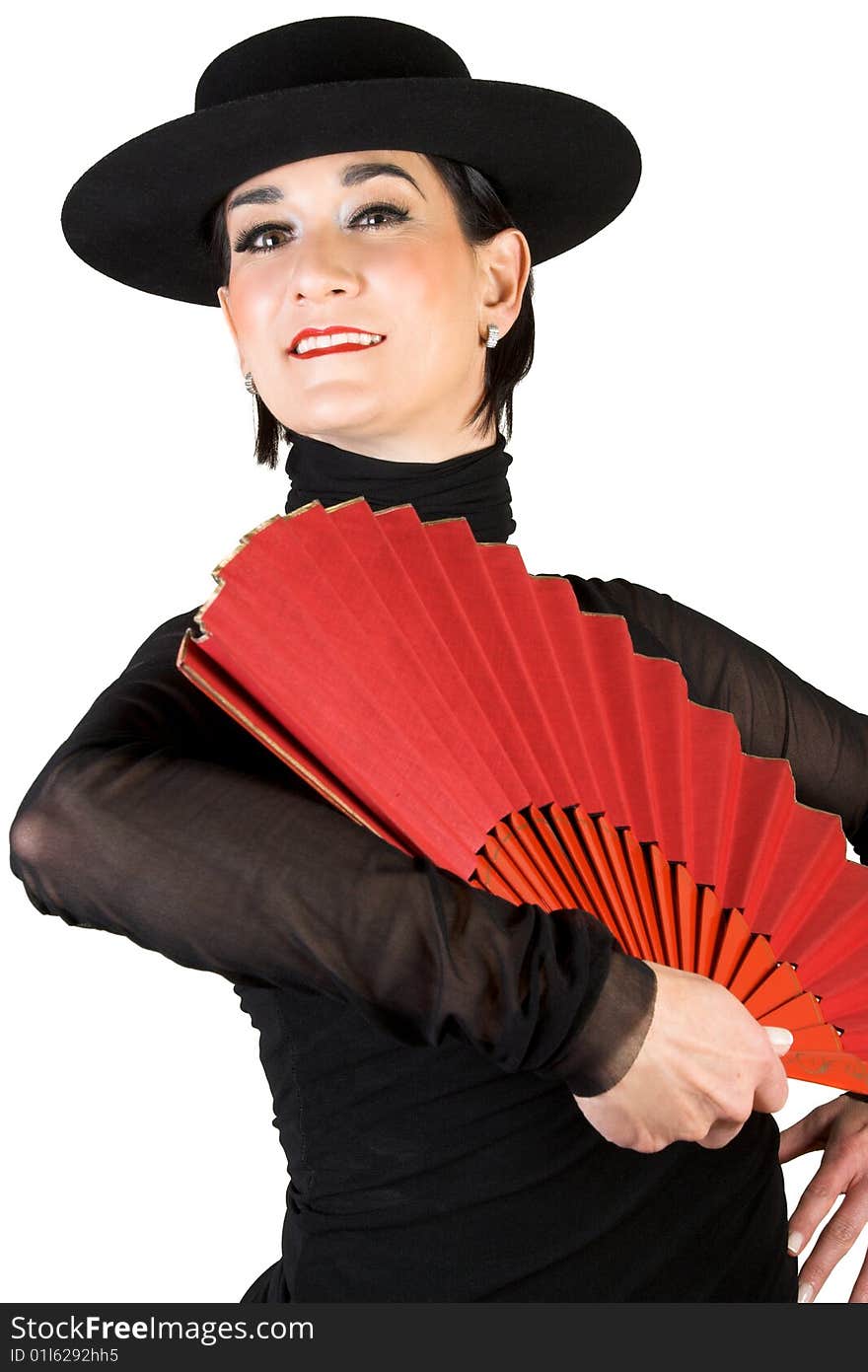 Spanish Dancer in a black costume with hat and accessories