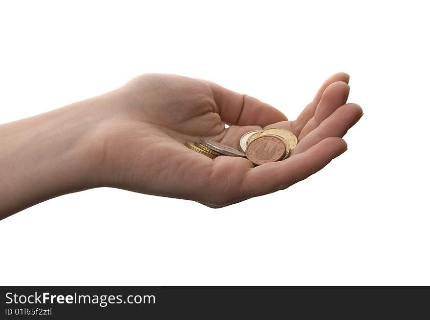 Coins in hand on white