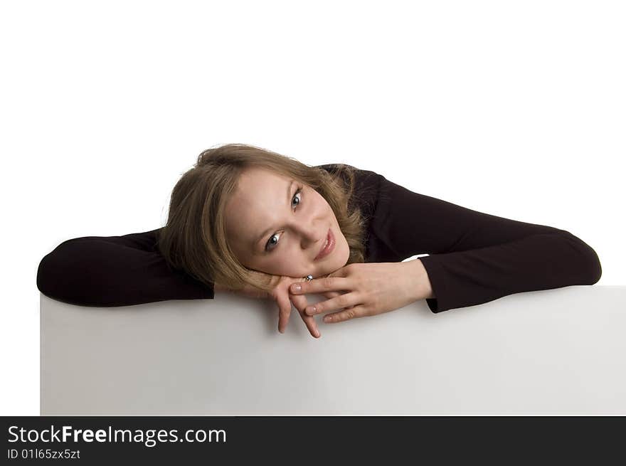 Girl showing a card isolated