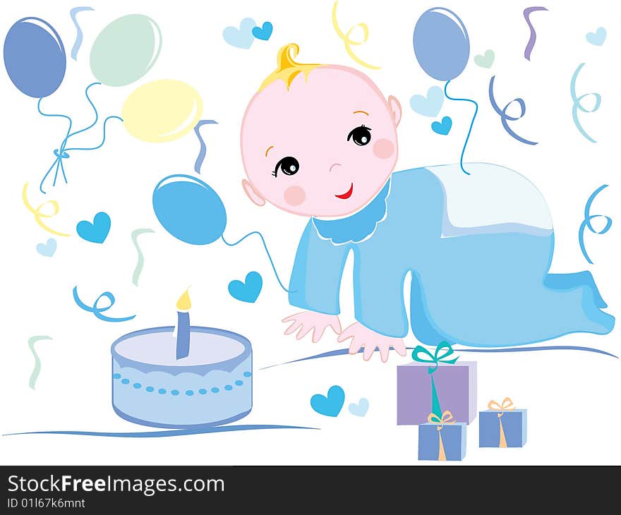 Baby's birthday illustration and clip-art of ballons,cake and streamers. Baby's birthday illustration and clip-art of ballons,cake and streamers