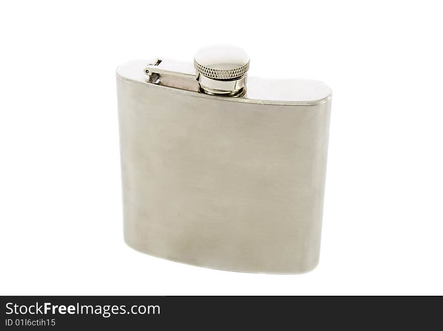 Silver flask of brandy isolated over a white background