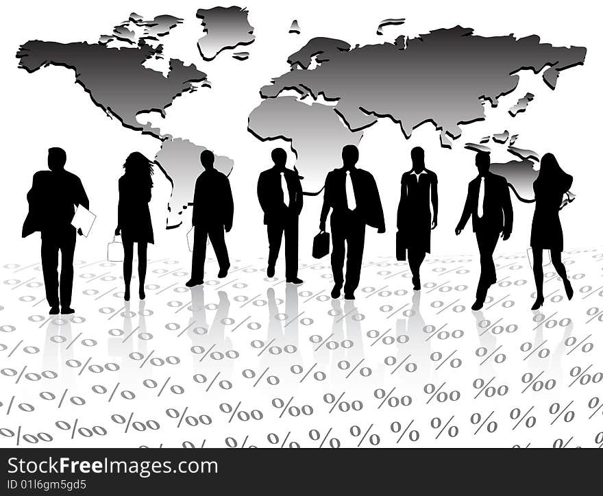 Illustration of business people and map