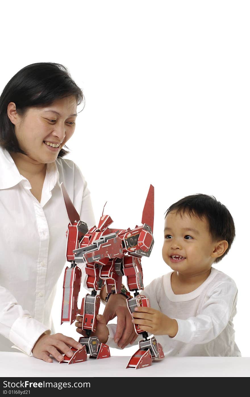 Mother and son play 3d Diy robot. Mother and son play 3d Diy robot