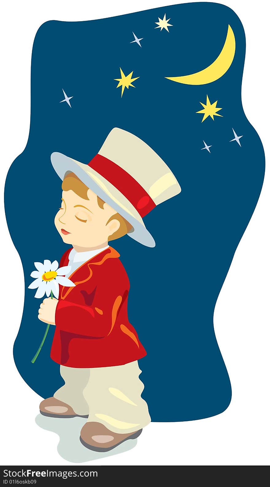 Cartoon retro romantic boy with costume, cylinder and flower under the Moon. Vector illustration. Cartoon retro romantic boy with costume, cylinder and flower under the Moon. Vector illustration