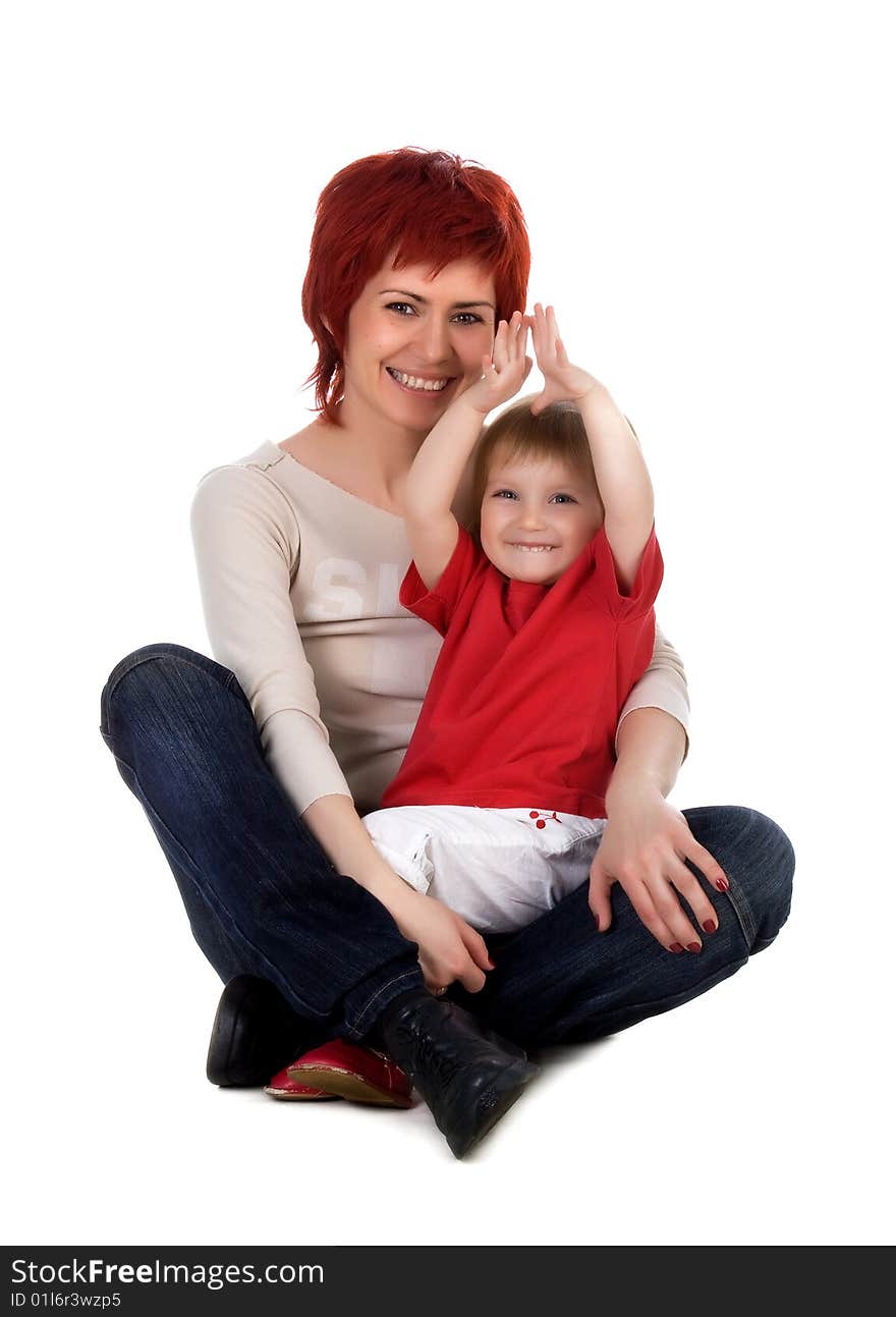 Smiling people. Mother and her daughter. Studio isolated