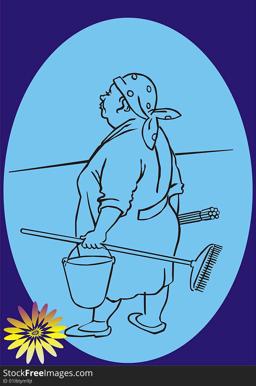 Woman with pail works charwoman