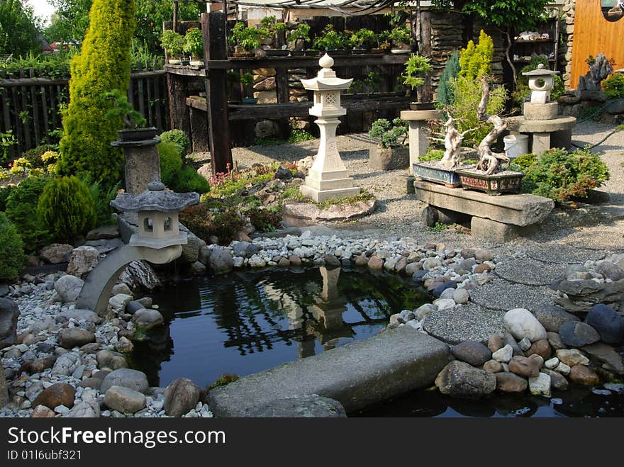 Bonsai trees still-life. Miniatures in a peaceful Japanese garden.