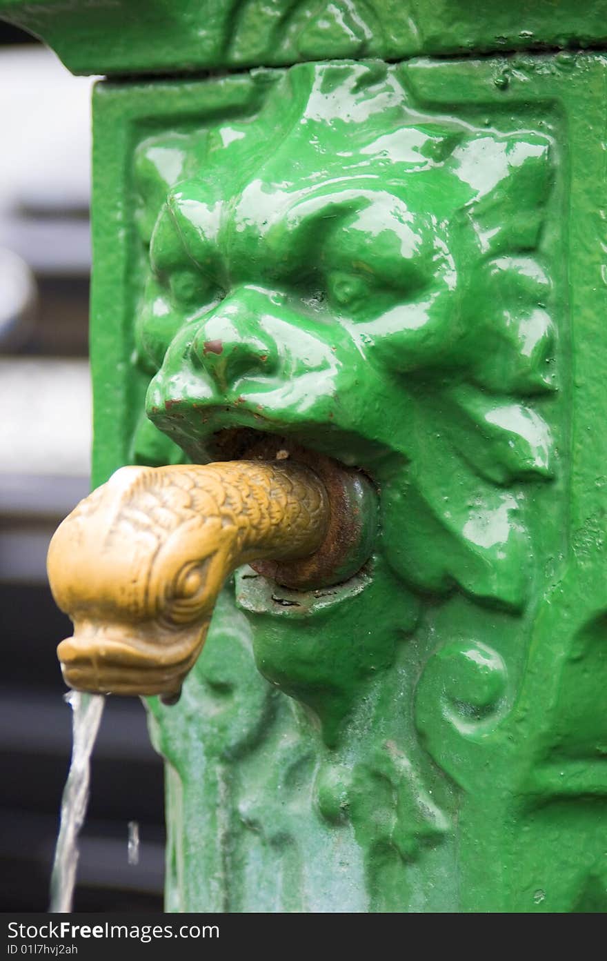 Water running from lion's head fountain with duck head in mouth