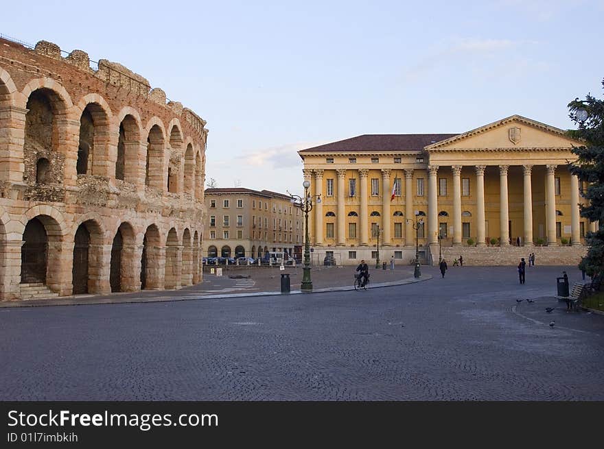 View of Roman Amphitheater and other buuilding front in Northern Italy