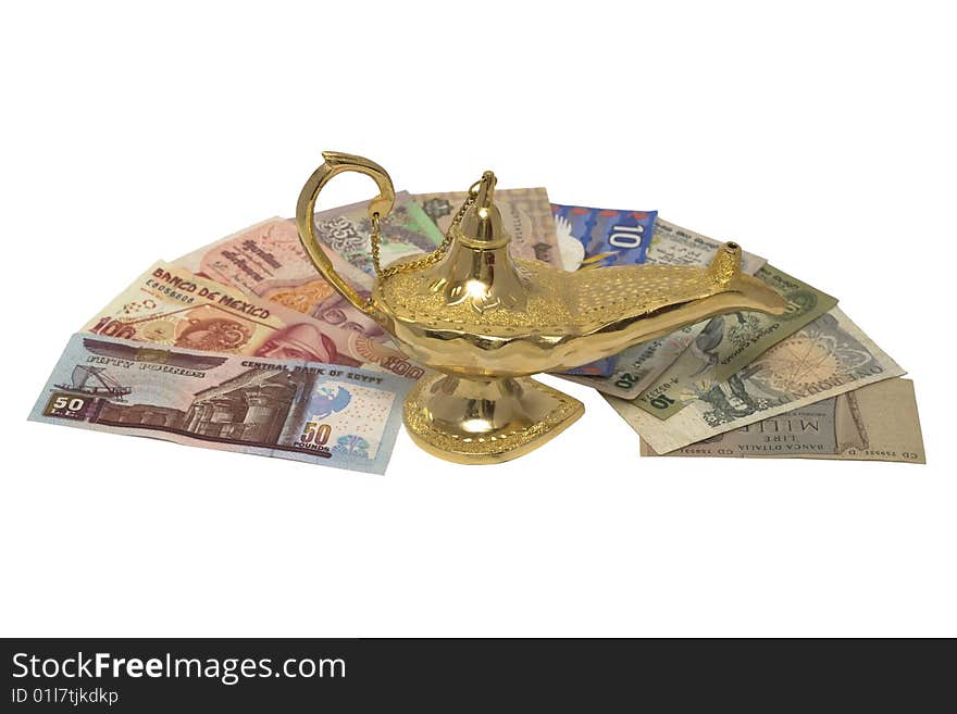An arabic magic lamp, isolated on white, with loads of money from around the world. An arabic magic lamp, isolated on white, with loads of money from around the world.