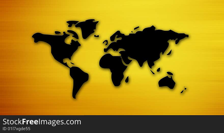 Black silhouette on yellow background, world illustration. Black silhouette on yellow background, world illustration