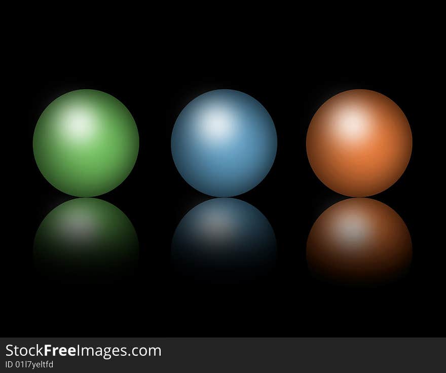 Green, blue and red spheres on black background. Green, blue and red spheres on black background