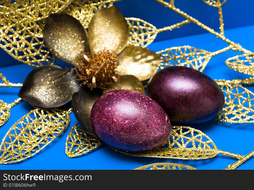 Easter eggs with golden flower. Easter eggs with golden flower