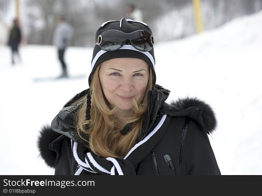 Lady in snow dress in sky resort. Lady in snow dress in sky resort