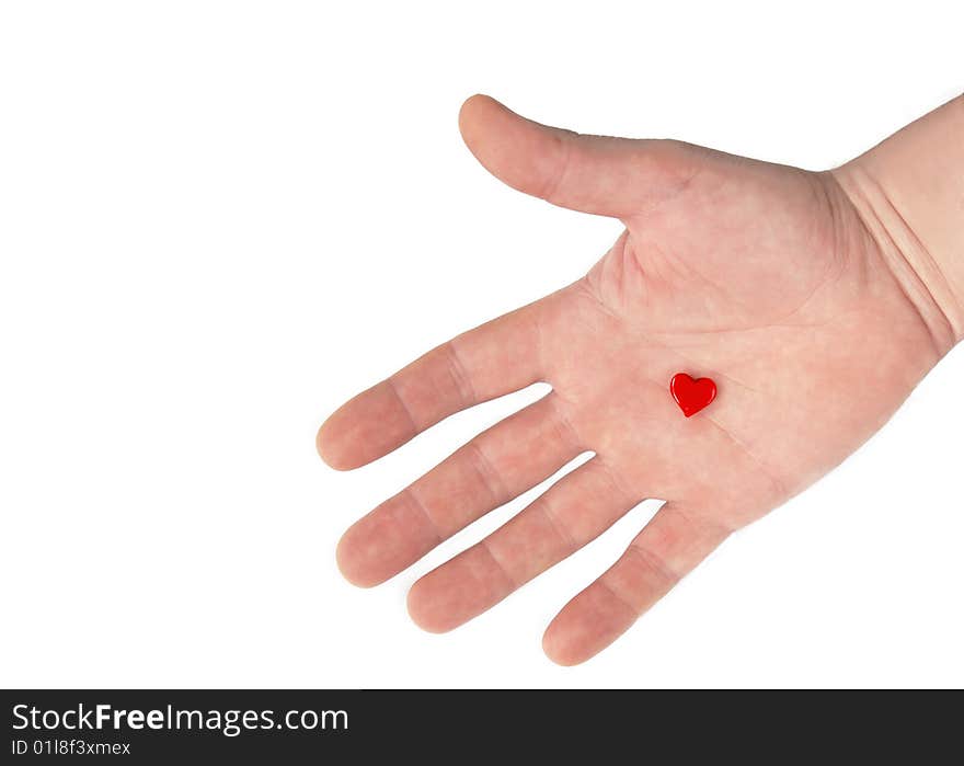 Small heart symbol in man hand over white. Small heart symbol in man hand over white