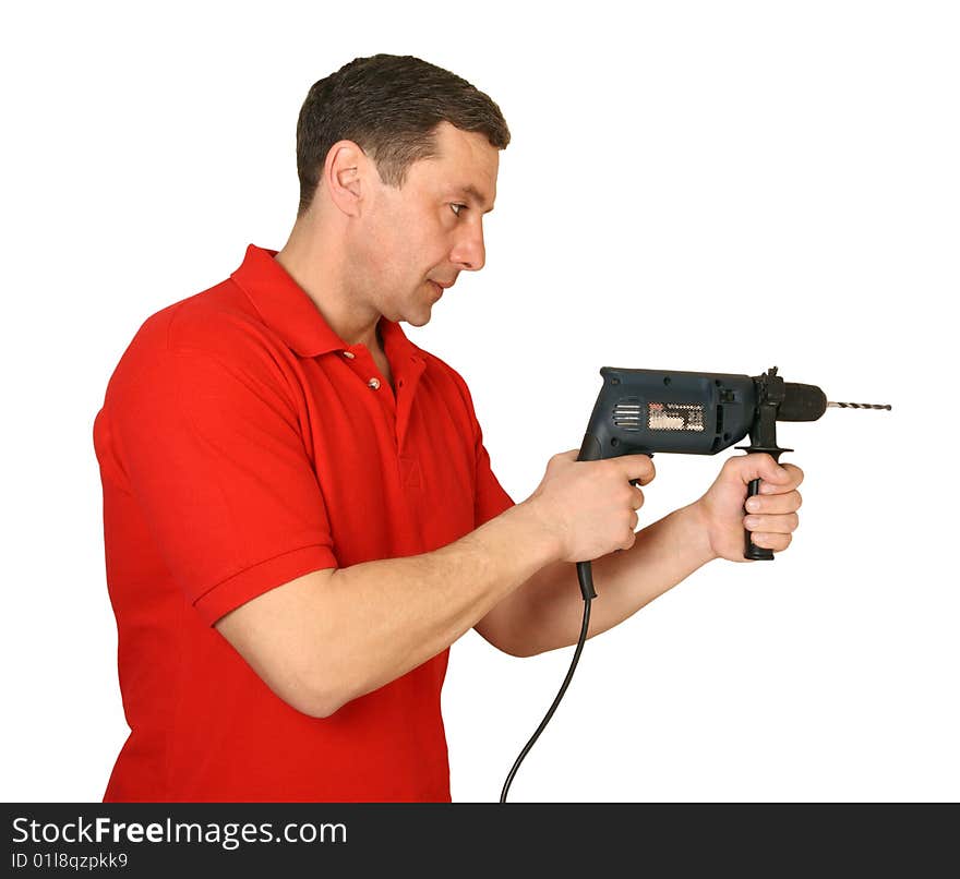 The man holds in a hand a drill separately on a white background. The man holds in a hand a drill separately on a white background