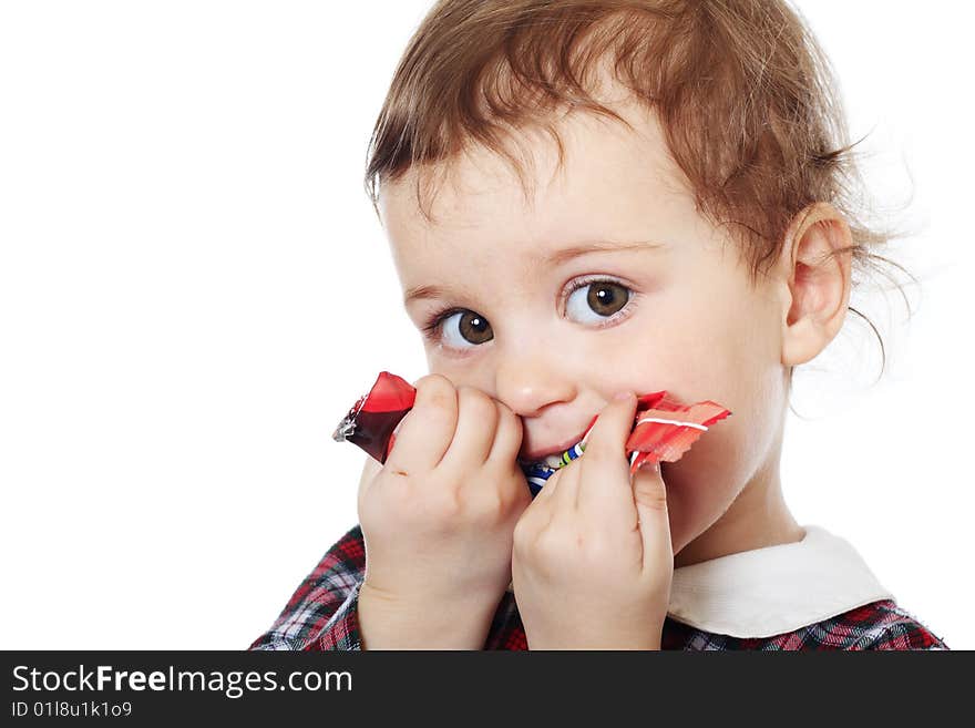 Little girl in checkered dress on white background