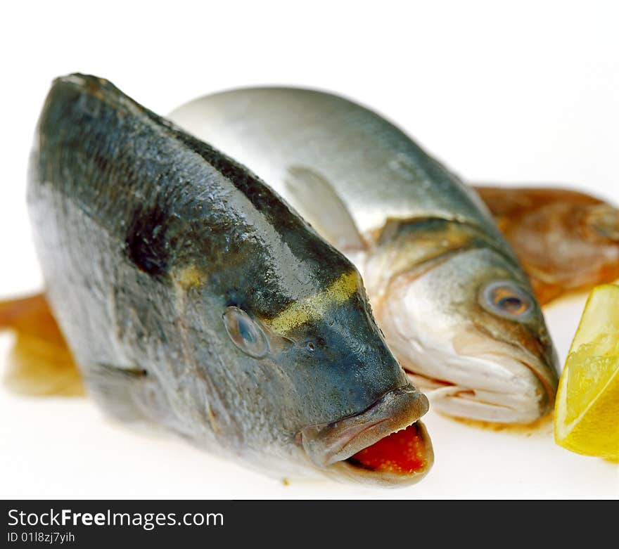 Raw mediterranean fish on the isolated white background with lemon. Raw mediterranean fish on the isolated white background with lemon