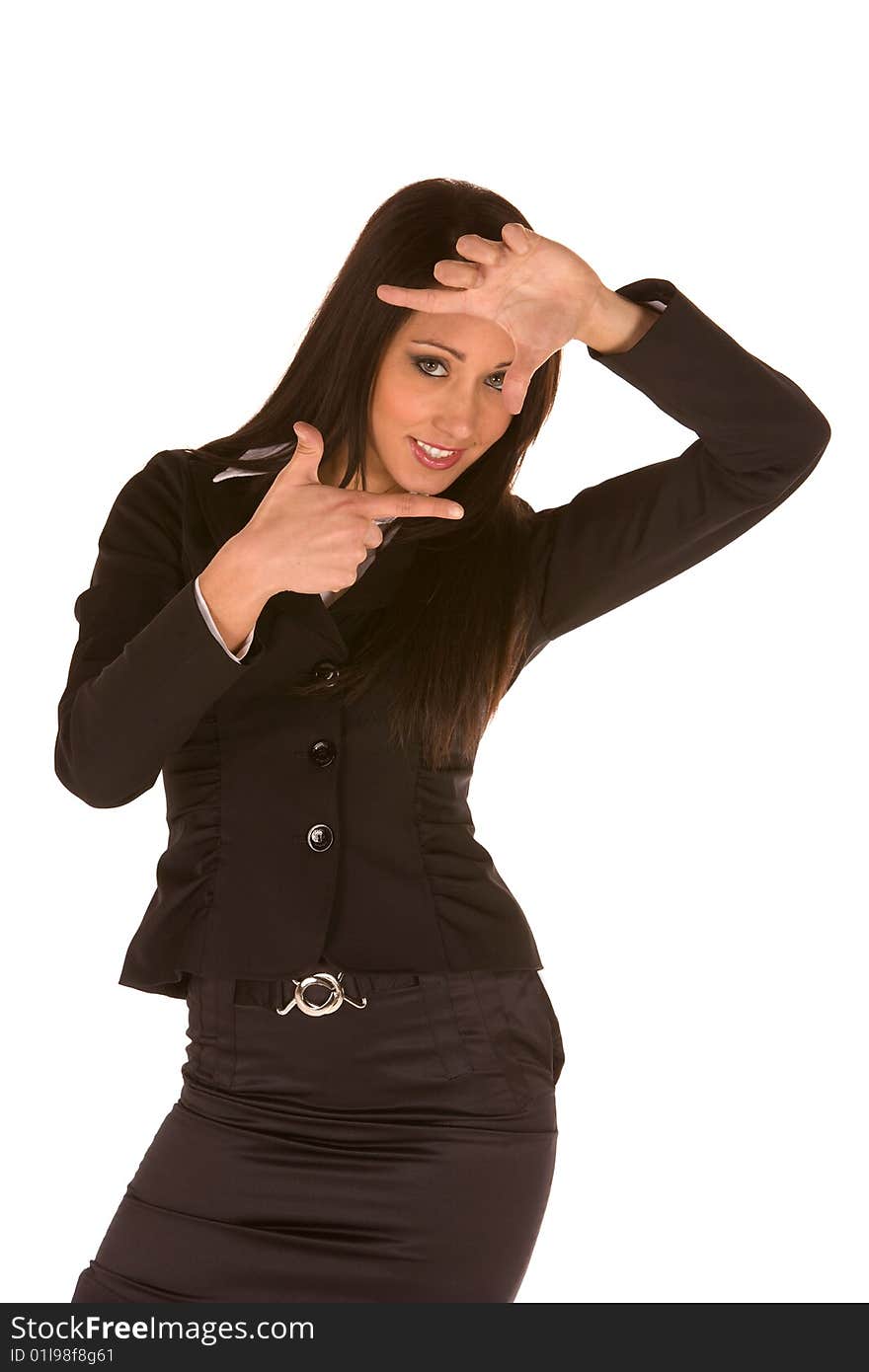 Young caucasian brunette businesswoman framing her face.Concept of relational framework,interrelactional achievement in tal and non verbal action. Young caucasian brunette businesswoman framing her face.Concept of relational framework,interrelactional achievement in tal and non verbal action.