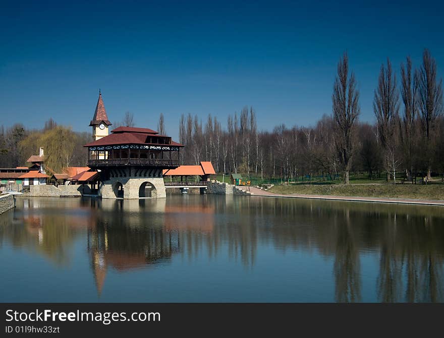 Landscape photo of tower on lake