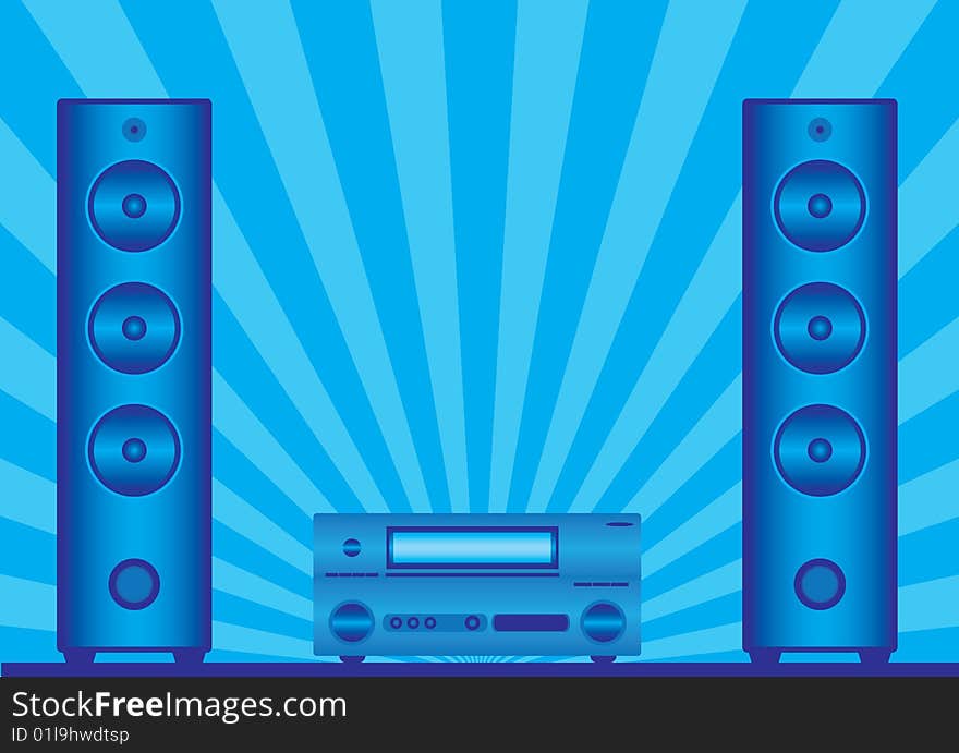 Two loudspeakers and the receiver on a blue background