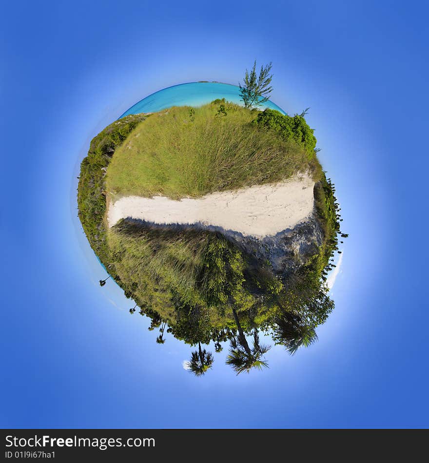 Tropical beach paradise in a sphere over blue. Tropical beach paradise in a sphere over blue