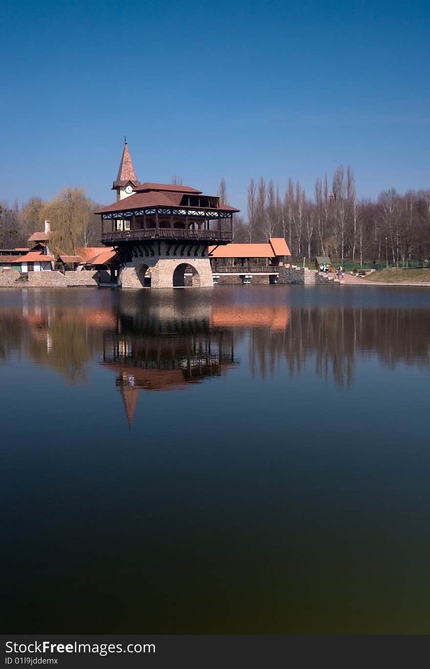 Landscape photo of tower on lake