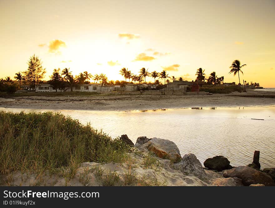 A view of coastline with rocks and vegetation at sunset. A view of coastline with rocks and vegetation at sunset