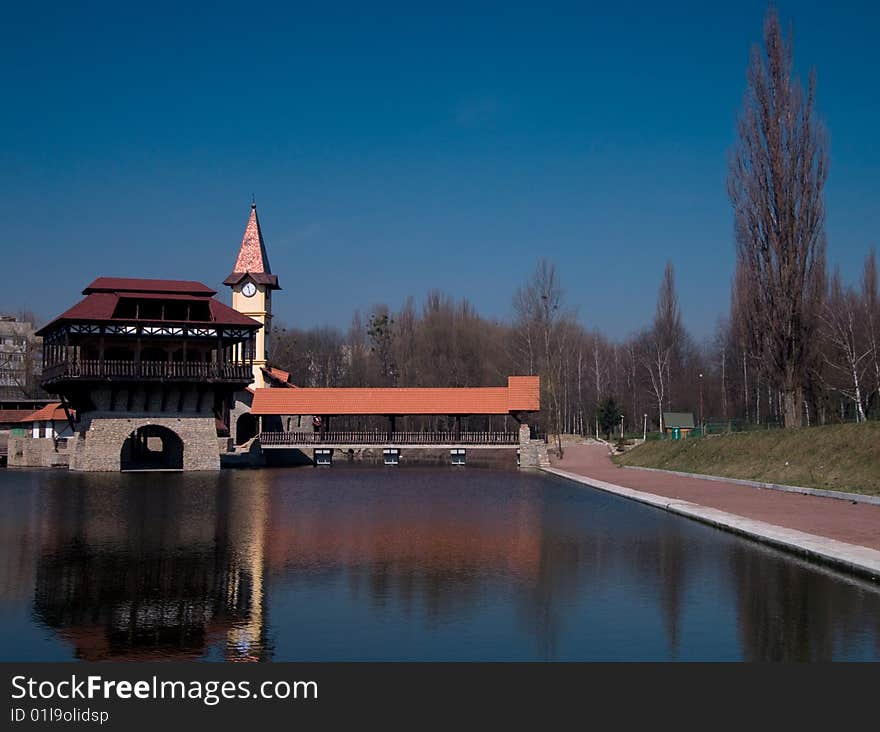 Landscape photo of tower on lake