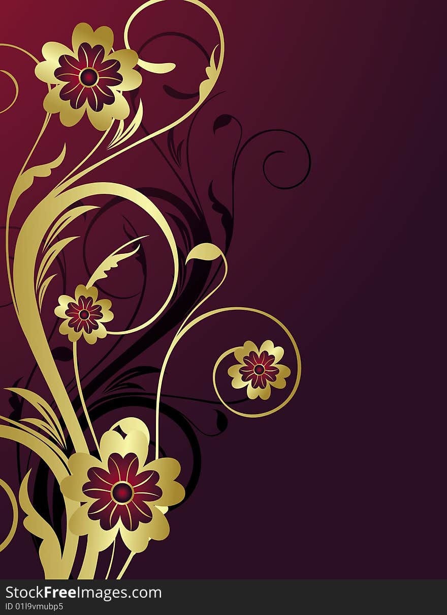 Golden floral background with flowers (vector)