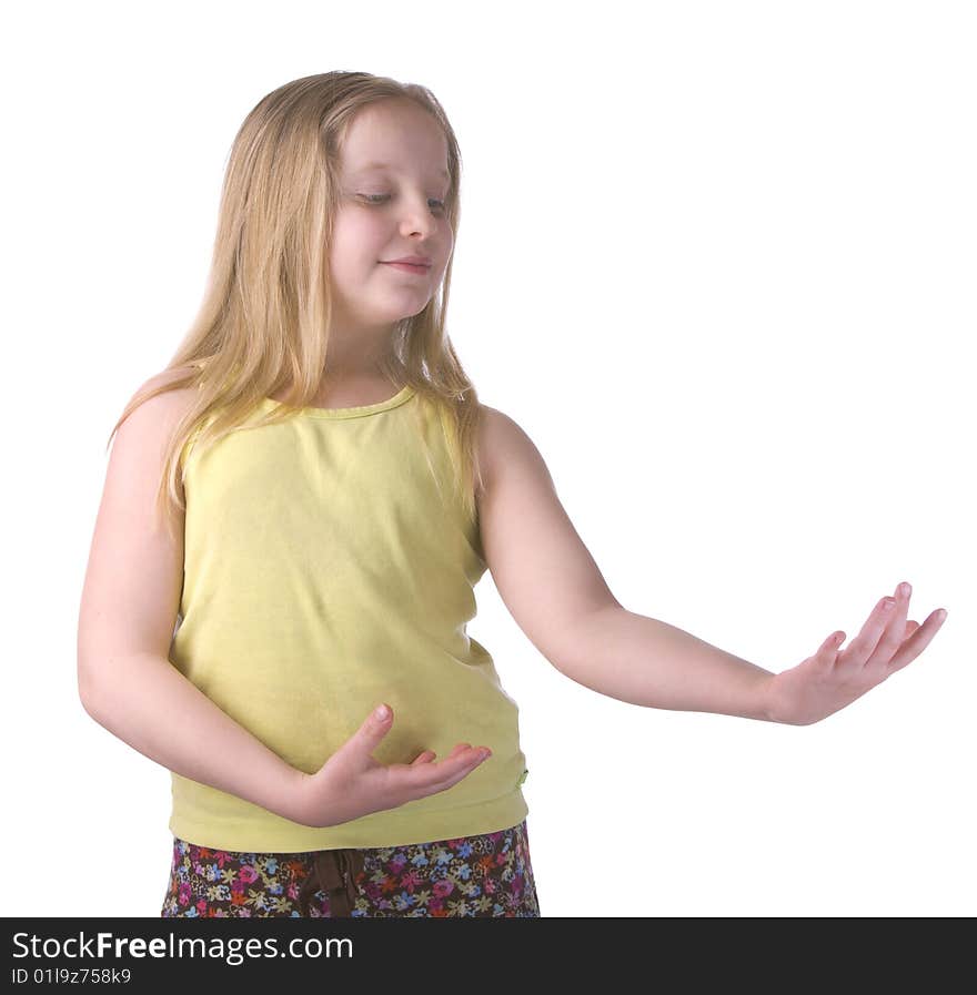 Girl dancing with hand movements isolated on a white background