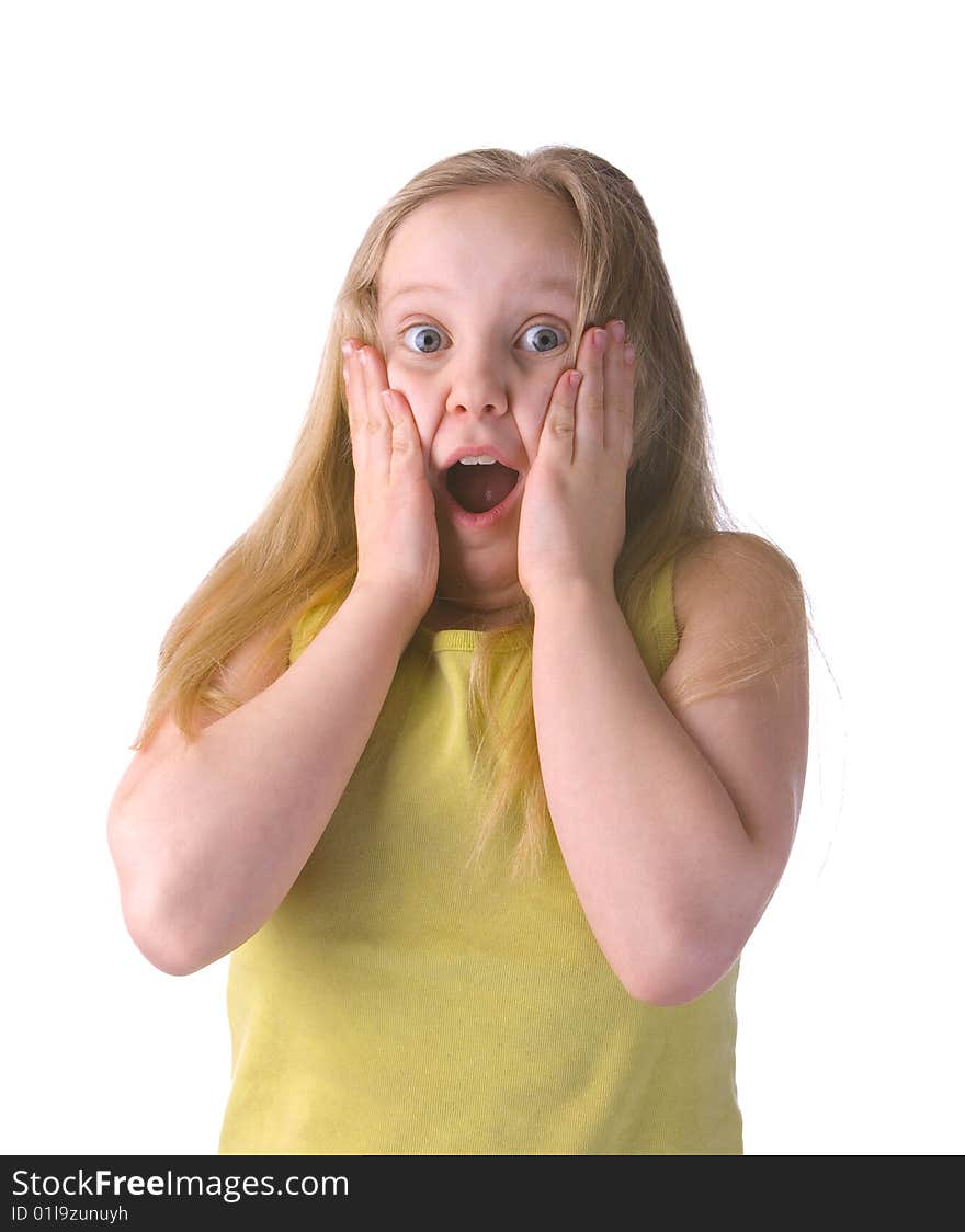 Surprised girl with hands on fast isolated on a white background