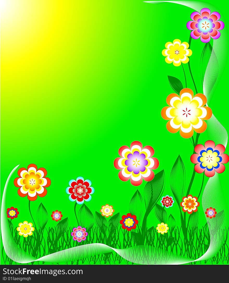 Flowering Meadow - Beautiful flowers and meadow with sun. vector illustration. Flowering Meadow - Beautiful flowers and meadow with sun. vector illustration