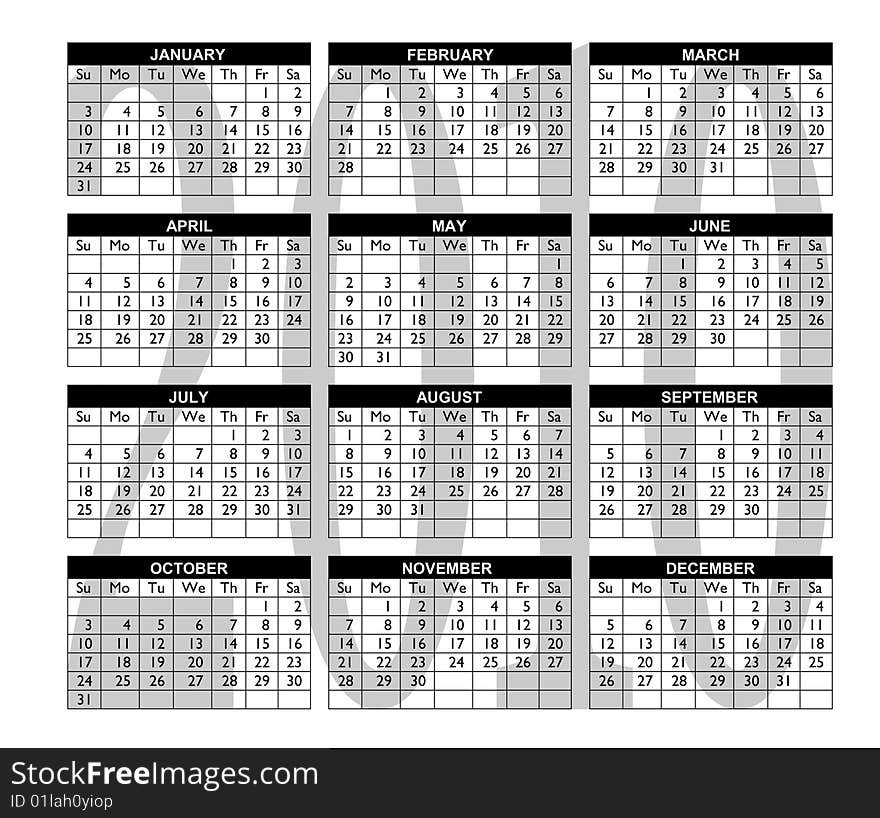 A calendar for 2010 on a white background with the months in a grid system with the year 2010 in a grey color or tint colour behind months. A calendar for 2010 on a white background with the months in a grid system with the year 2010 in a grey color or tint colour behind months