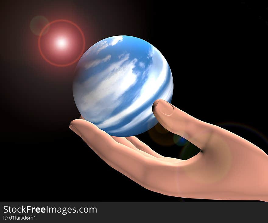 Human hand holding a small planet in outer space. Human hand holding a small planet in outer space