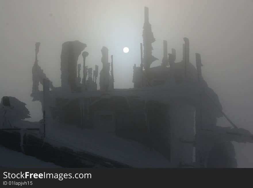 Rime Ice Covered Building In Fog