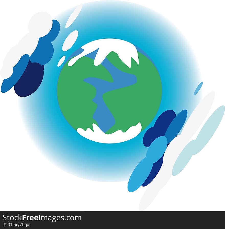 Planet with atmosphere, atmosphere with clouds, the seas and continents.