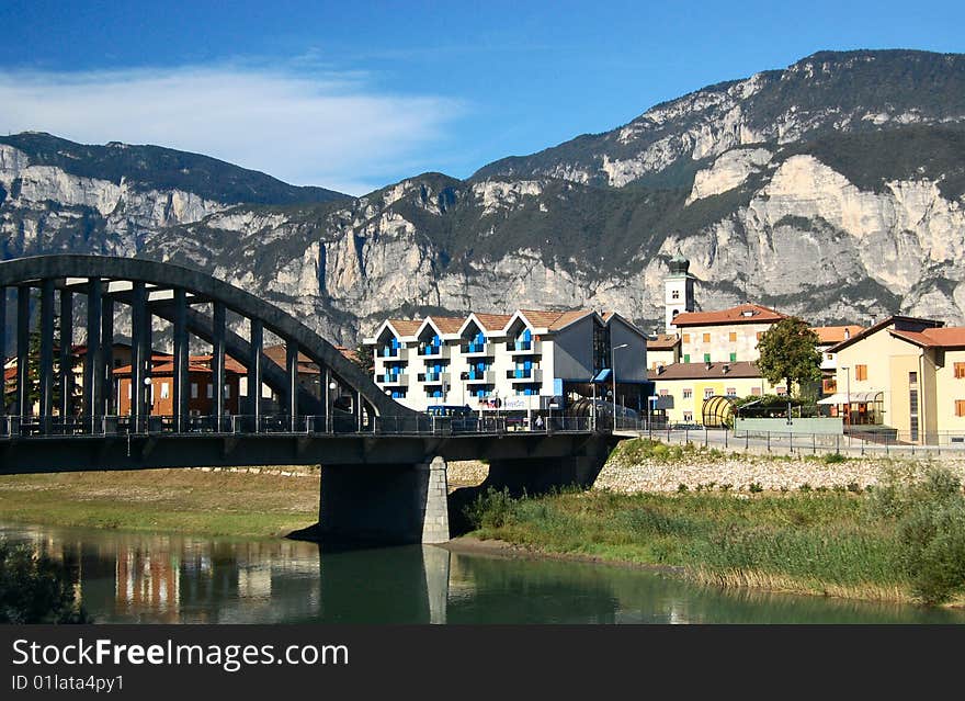 Italian village at the foot of mountains