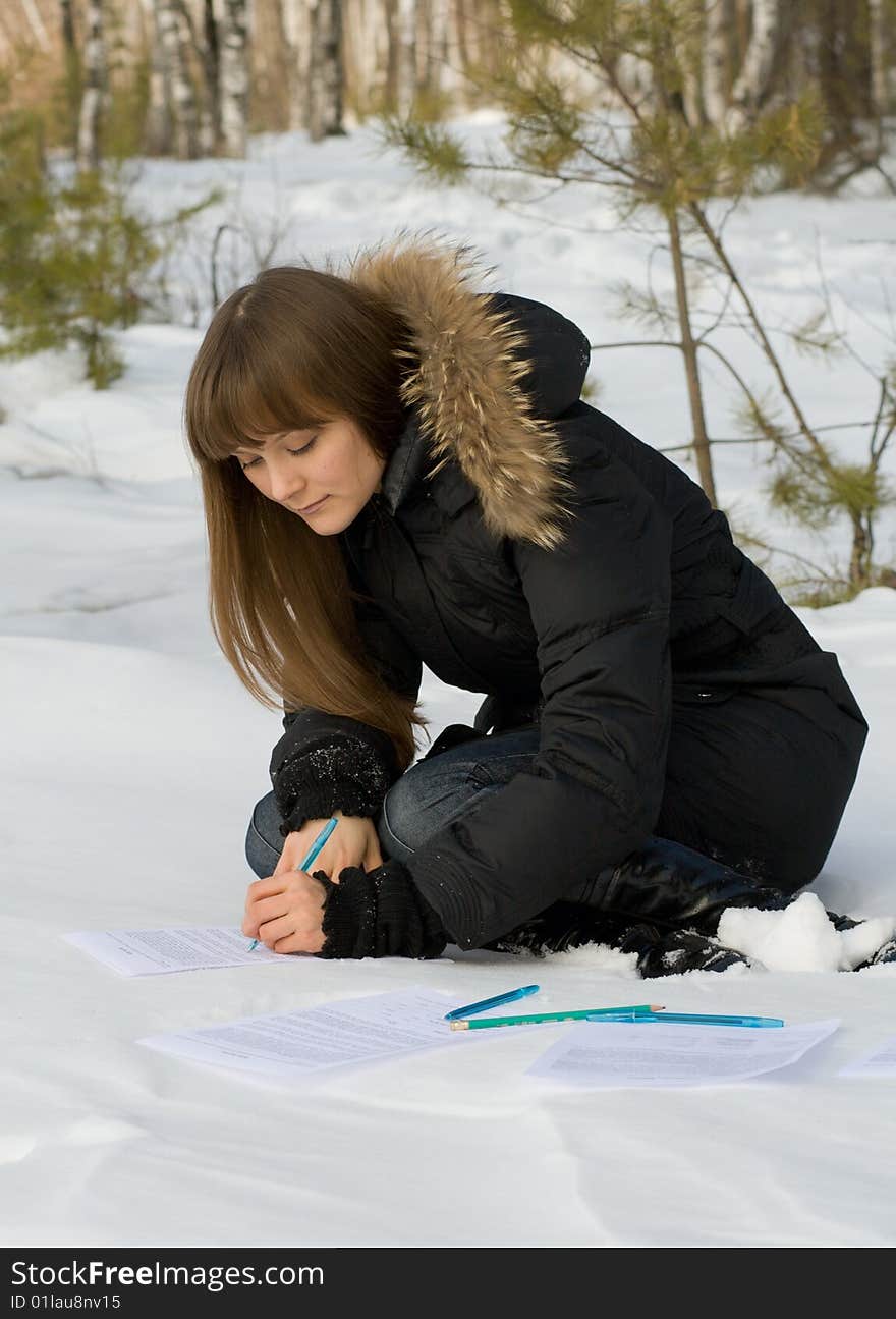 Writing Woman In Winter Forest