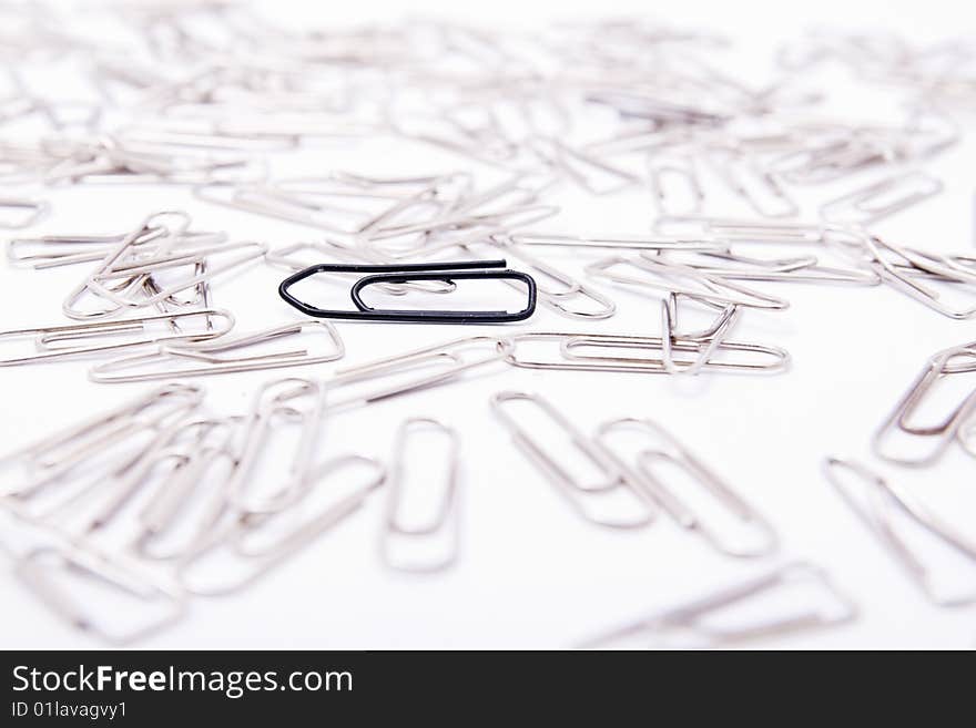 One black paperclip among many steel grey paperclips on white background. One black paperclip among many steel grey paperclips on white background